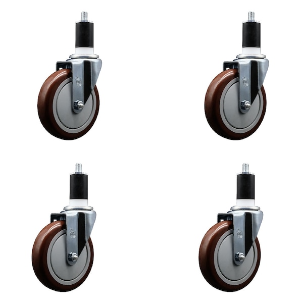 5'' Maroon Poly Wheel Swivel 1-1/2'' Expanding Stem Caster Set, 4PK